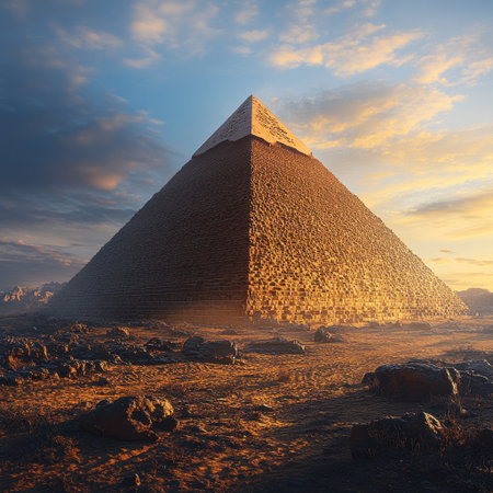 Golden rays illuminate a pyramid as it stands tall against the vibrant evening skyの素材