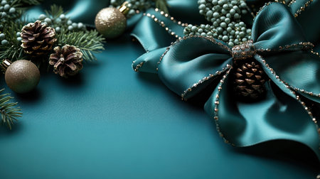 A teal ribbon with sparkling details rests among pine cones and ornamentsの素材