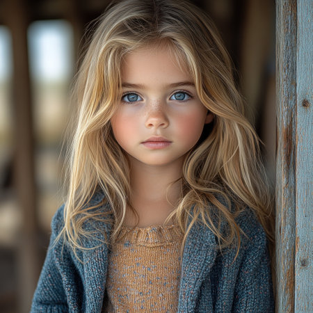 Girl with long hair gazes thoughtfully while standing close to weathered woodの素材