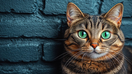 A patterned tabby cat with green eyes rests against a blue brick wallの素材