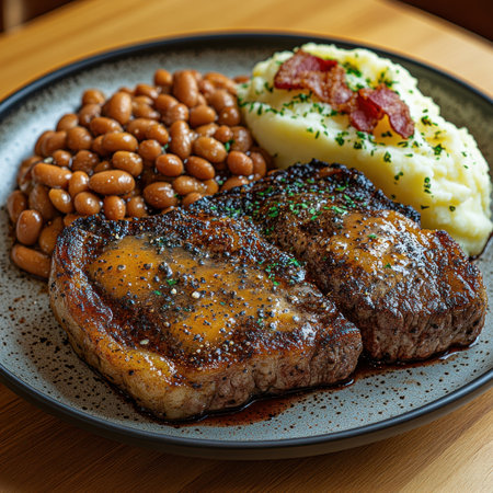Juicy steak pairs with hearty beans and smooth mashed potatoes in a cozy settingの素材