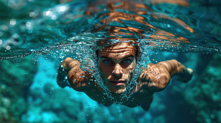 A swimmer glides effortlessly through clear blue water displaying strength and graceの素材