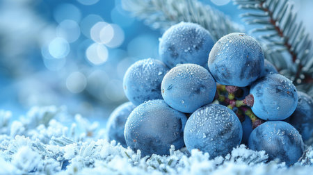 Blue grapes covered in frost sit on a snowy surface with a soft blue bokeh backdropの素材