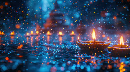 Floating candles cast a warm glow on water surrounded by vibrant bokeh effects at nightの素材