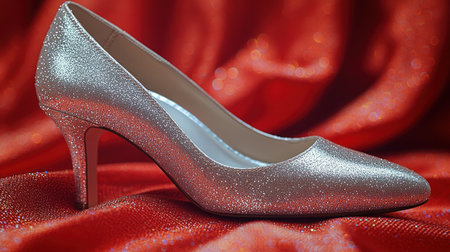A silver high heel shines against rich red fabric capturing elegant beauty and styleの素材