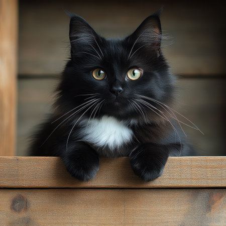 A black cat with green eyes relaxes on a wooden shelf enjoying the warmthの素材