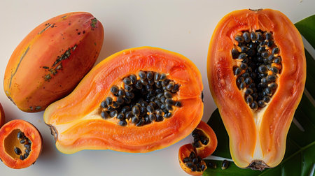 Freshly cut papayas reveal vibrant orange flesh and shiny black seeds ready to enjoyの素材