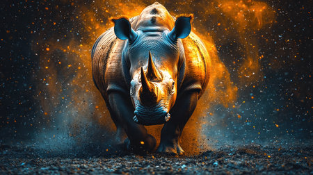 A powerful rhinoceros charges forward through bright swirling flames and sparks flyingの素材