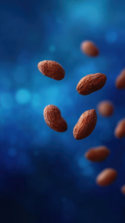 Almonds float in a calming blue light, evoking a sense of tranquility.の素材