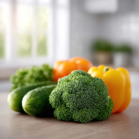 Colorful vegetables are displayed on a wooden surface in a sunny kitchen.の素材