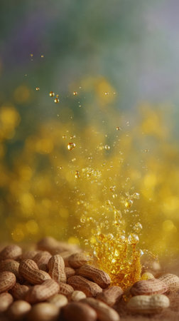Golden droplets hover over peanuts, creating a mesmerizing visual display.の素材