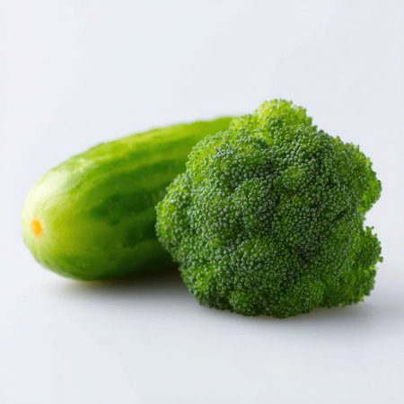 Vibrant cucumber and broccoli display highlights fresh produce for healthy meals.の素材