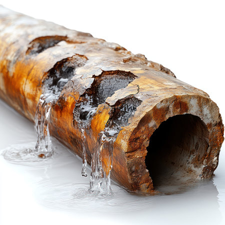 Water drips from a rusty pipe in a desolate industrial area, showing decay.の素材