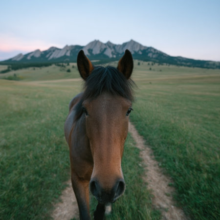 A serene horse quietly gazes at the viewer along a grassy trail near majestic mountains.の素材