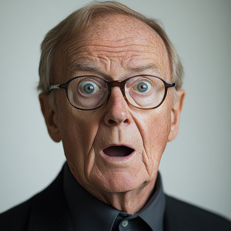 Elderly man displays a look of shock and amazement in a studio setting.の素材