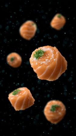 Delicious sushi rolls with salmon and herbs appear to float in a dark, mesmerizing space.の素材