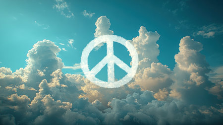 Soft clouds float in a bright blue sky, creating a peaceful backdrop.の素材