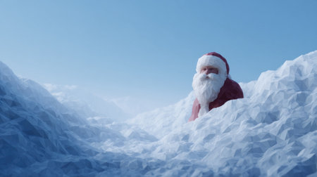 A joyful figure in red smiles playfully from deep snow in a winter wonderland.の素材