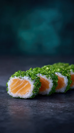Savor vibrant sushi rolls with tender salmon and fresh herbs, beautifully presented.の素材