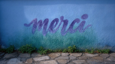 Colorful mural expresses gratitude with a heartfelt message on a textured wall.の素材