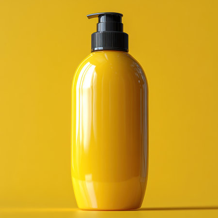 Bright yellow bottle with a smooth surface catches sunlight, showing its modern design.の素材
