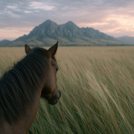 A calm horse watches distant mountains as golden grass sways in the evening.の素材