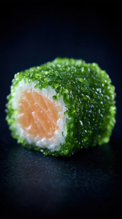 A vibrant sushi roll with green seaweed exterior showcases fresh salmon and rice.の素材