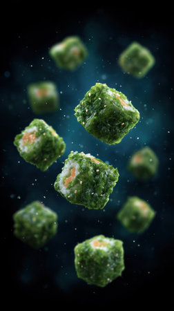 Green culinary cubes levitate in a space like backdrop, captivating with their textures.の素材