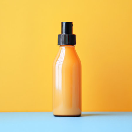 Orange spray bottle on a yellow background highlights minimalist design.の素材