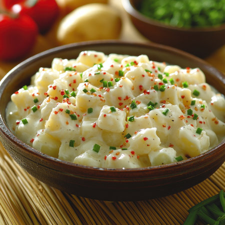 Freshly prepared potato salad with herbs and spices served in a cozy settingの素材