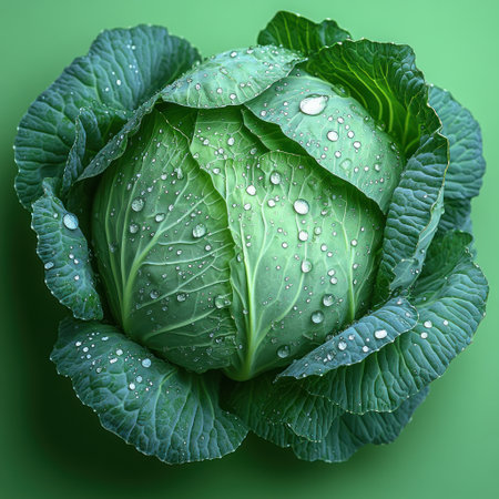 A beautiful green cabbage showcases droplets of dew, symbolizing freshness in nature.の素材