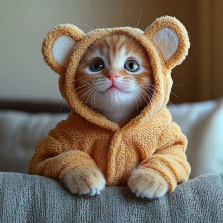 A playful kitten in a fluffy bear suit enjoys its time on a warm couch, looking adorable.の素材