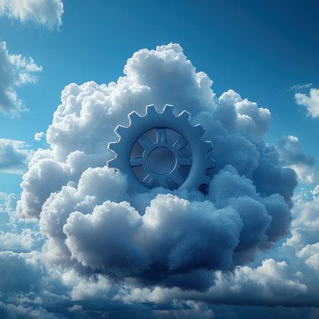 A large gear floats among fluffy clouds in a bright blue sky, inspiring creativity.の素材