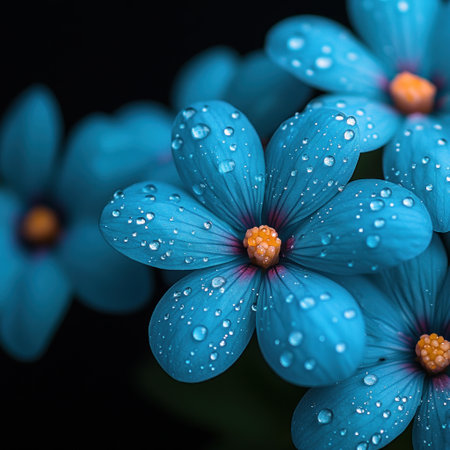 Bright blue flowers with beads of water glisten beautifully in a dark setting.の素材