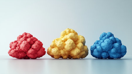 Three distinct, colorful shapes create a striking visual contrast in a simple space.の素材