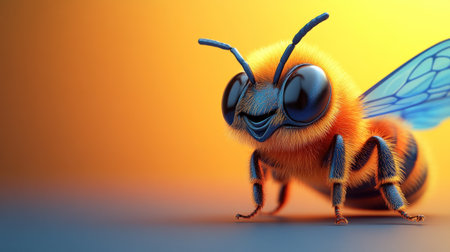 A cheerful cartoon bee with bright colors stands on a smooth surface.の素材