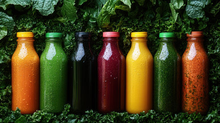 Colorful juice bottles rest on fresh leafy greens highlighting healthinessの素材