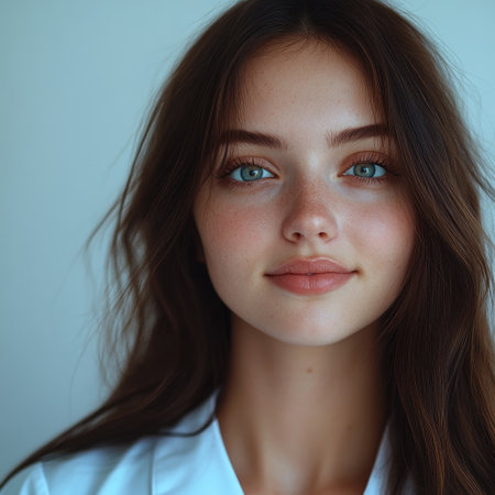 A young woman poses, displaying her striking blue eyes and soft features in natural light.の素材