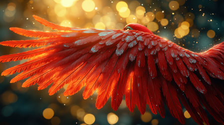 Bright red feathers spread wide sparkling with light in a magical outdoor settingの素材