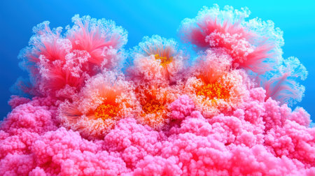 Underwater scene features vivid coral structures and bright sea flora thriving in lightの素材