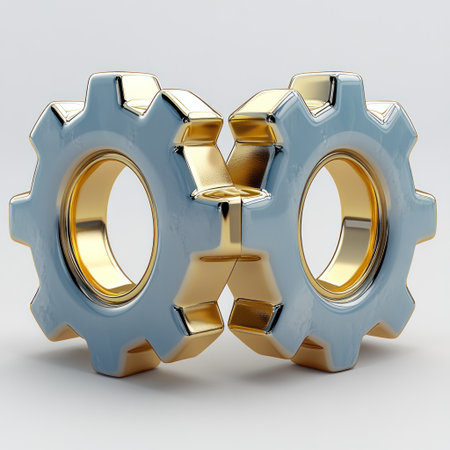 Golden gears interlocked create a striking visual of unity in engineering and design.の素材