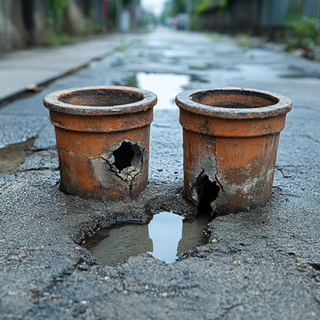 Broken flower pots sit on cracked pavement, collecting rainwater in a deserted street.の素材