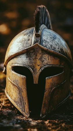 This warrior helmet rests on leaves, echoing tales of ancient battles.の素材