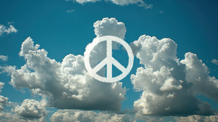Majestic clouds gather in a vibrant sky, shaping a striking peace symbol above.の素材