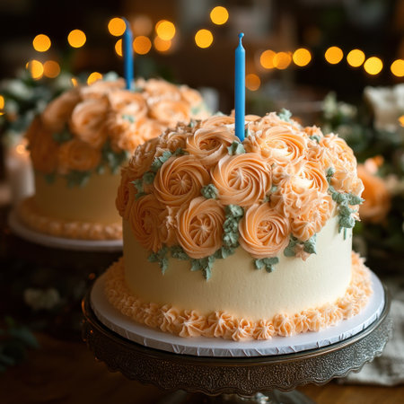 Two beautiful cakes with peach roses light up a festive gathering with candles.の素材