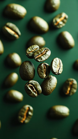 Coffee beans hover gracefully, showing their rich textures and colors in the light.の素材
