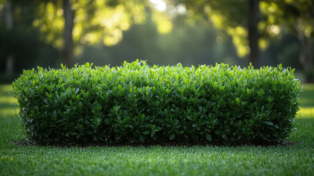 A well trimmed hedge stands out in a tranquil garden bathed in warm sunlight.の素材