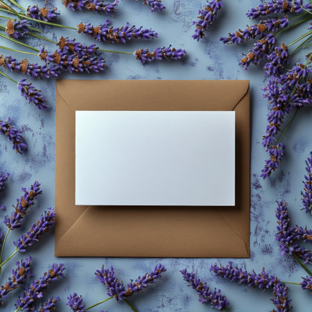 Lavender sprigs frame a blank envelope, awaiting loving words.の素材