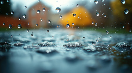 Raindrops fall, making ripples on a calm surface as autumn leaves shimmer.の素材