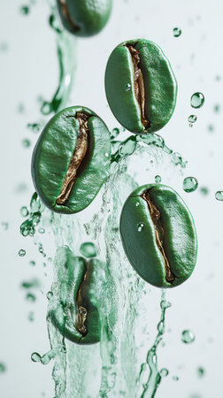 Green coffee beans splash, vividly showing a vibrant coffee journey.の素材
